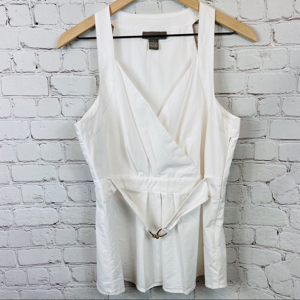 KENAR Belted Wrap Style Cotton Top L White